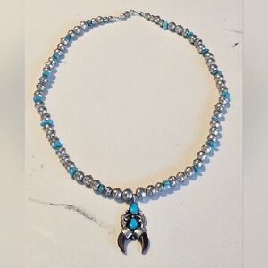 Vintage Navajo Squash Blossom Claw Sleeping Beauty Turquoise Sterling Necklace